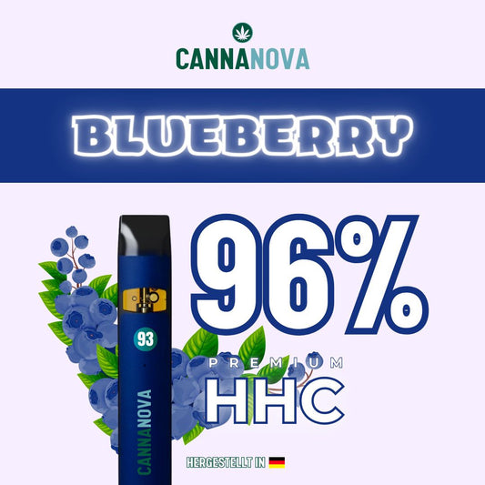 Cannanova HHC Vape Blueberry mit 96% Premium HHC, hergestellt in Deutschland. Blaue Vape-Pen mit Blaubeer-Design.