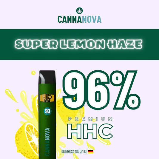 Cannanova HHC Vape Super Lemon Haze mit 96% Premium HHC, hergestellt in Deutschland. Grüne Vape-Pen mit Zitronen-Design.