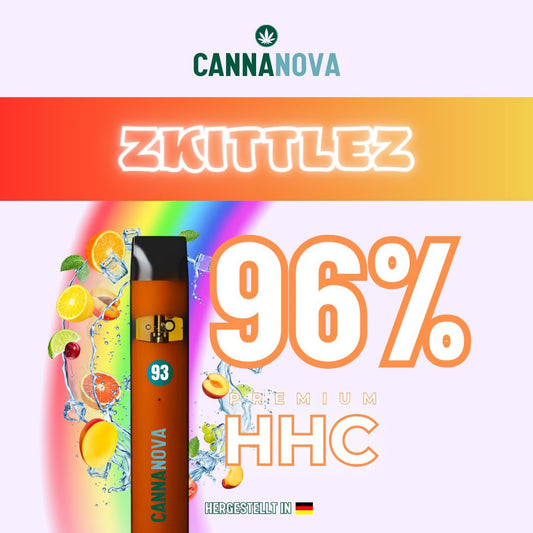 Cannanova HHC Vape Skittlez mit 96% Premium HHC, hergestellt in Deutschland. Orangene Vape-Pen mit Skittlez-Design.