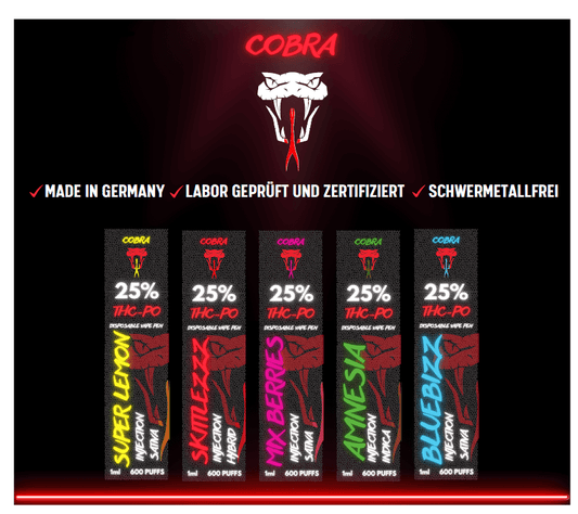 Cobra RED THCPO Vapes in fünf Geschmacksrichtungen mit 25% THCPO Wirkstoff vorbefüllt, Made in Germany, Labor geprüft und Zertifiziert